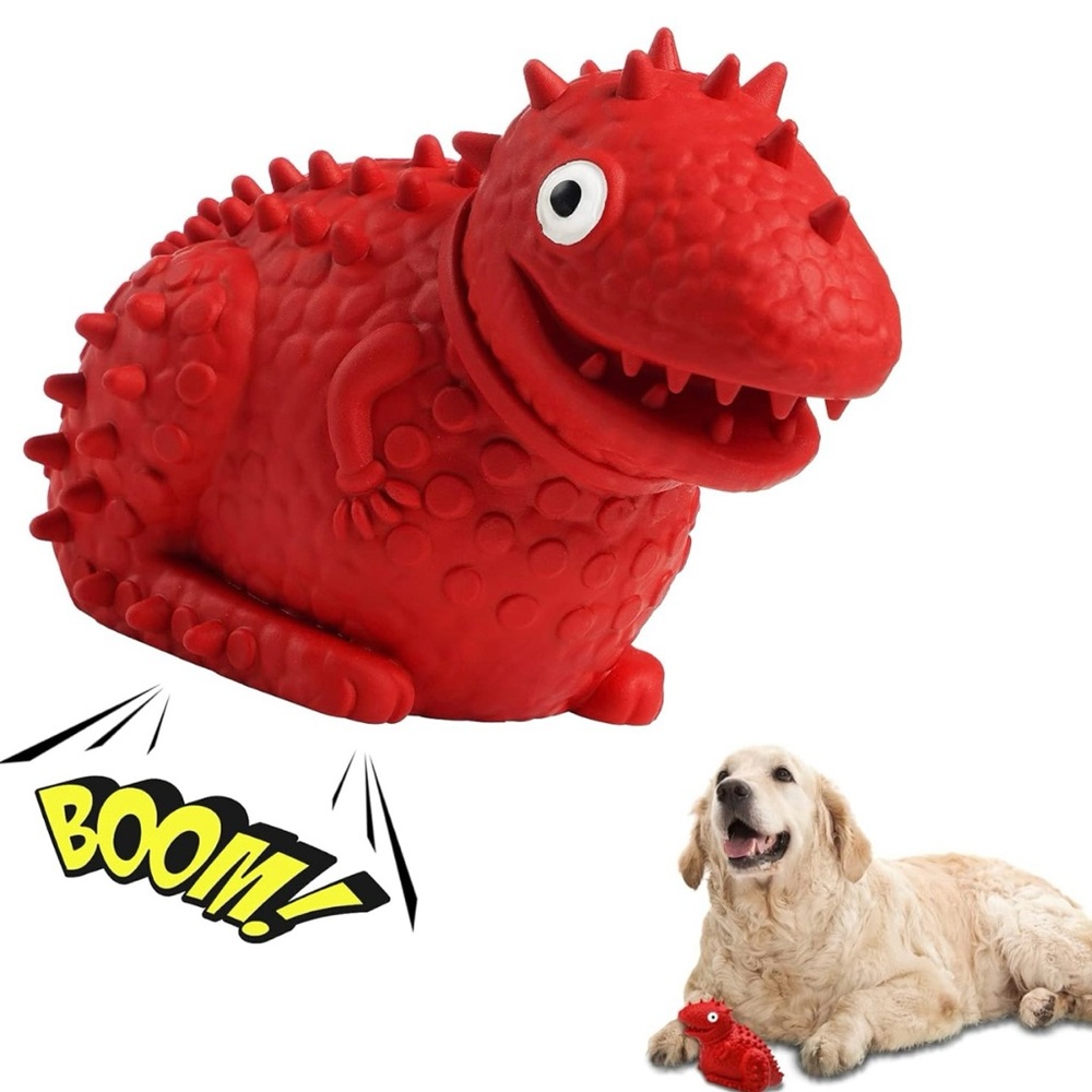 NEW Red Washable Rubber Squeaky Dinosaur Dog Chew Toy Aggressive Chewers NWT